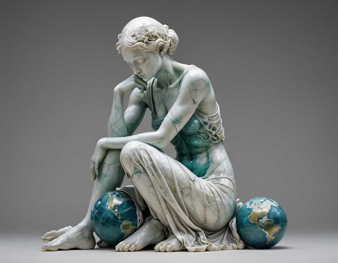 Marble Sculpture of Woman Holding Earth in Dreamlike Setting