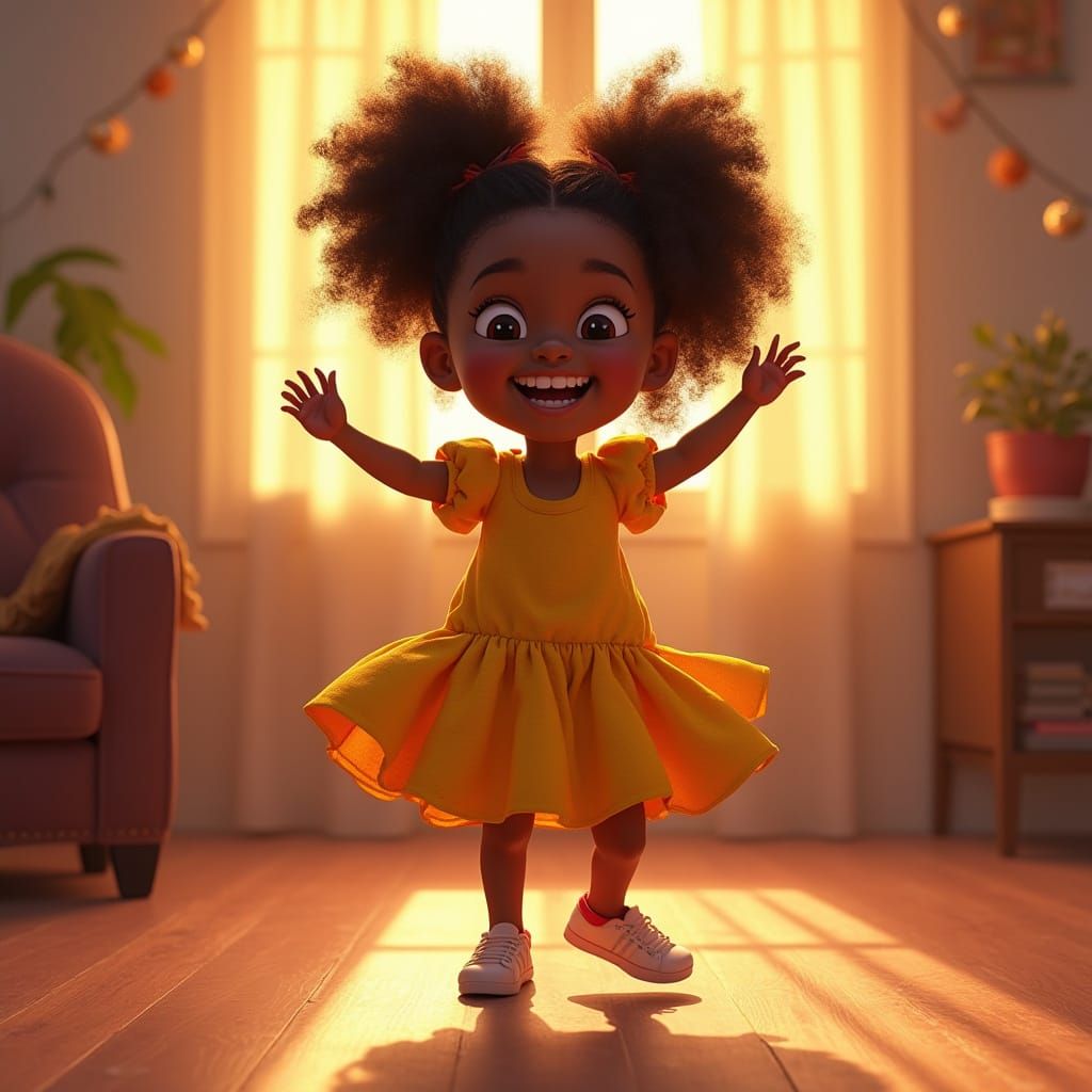 Joyful Black Girl Dancing in Vibrant Living Room Scene