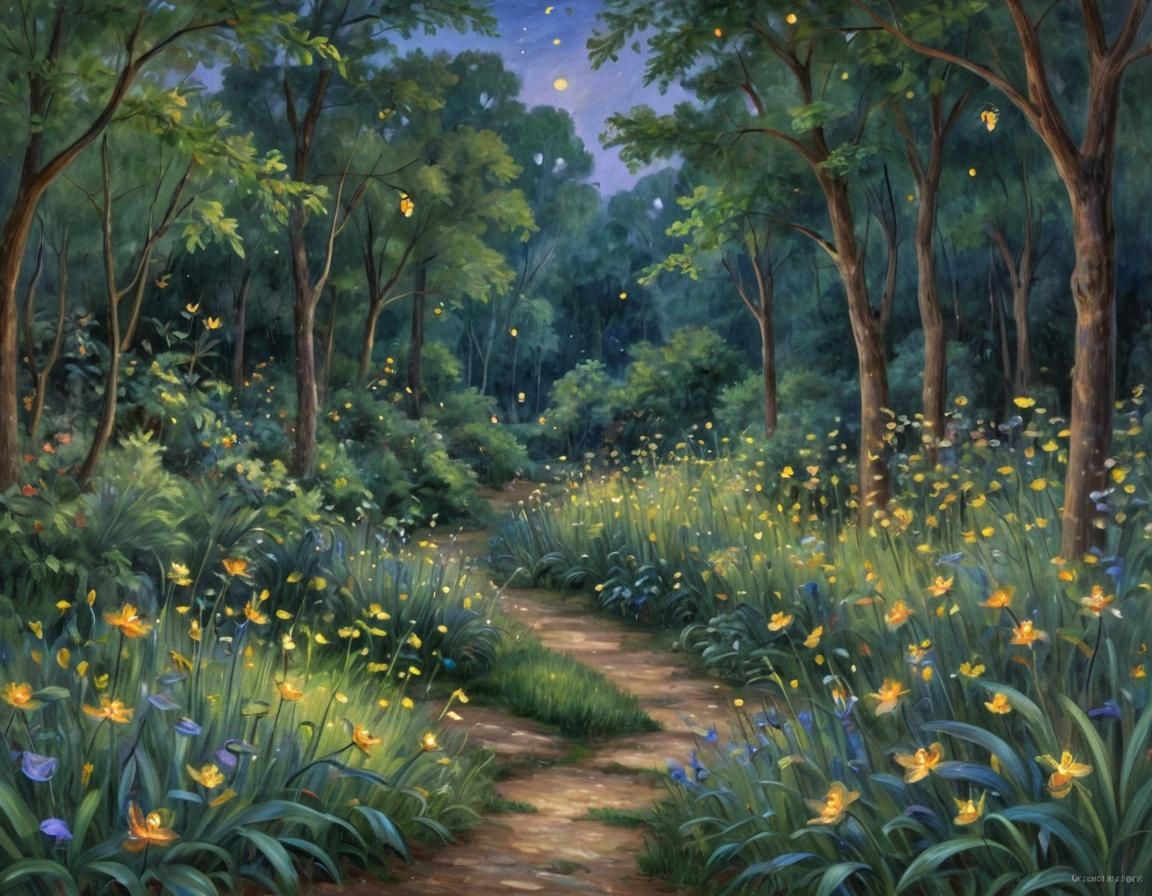 Romantic Firefly Garden in Impressionistic Style