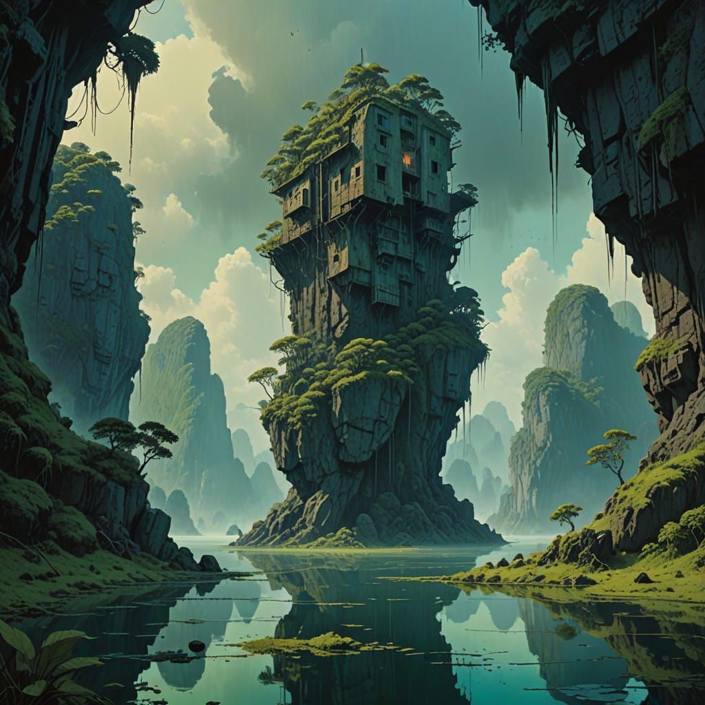 Lunar Karst Landscape in Mysterious Fog