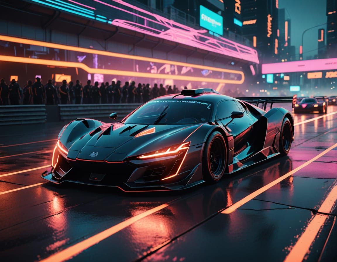 Cyberpunk Racecar on a Neon Futuristic Racetrack