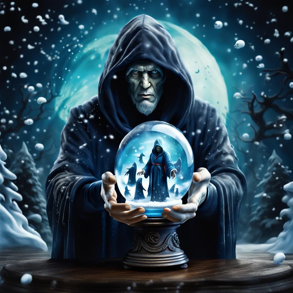 Hooded Sorcerer with Ghostly Snow Globe