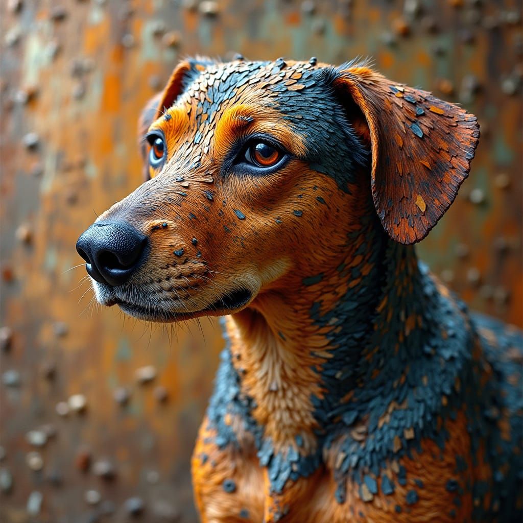 Vibrant Wooden Dog Mosaic in Distressed Wood Style