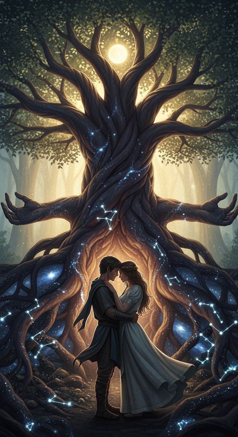 Couple Embracing Under Glowing Constellation Tree