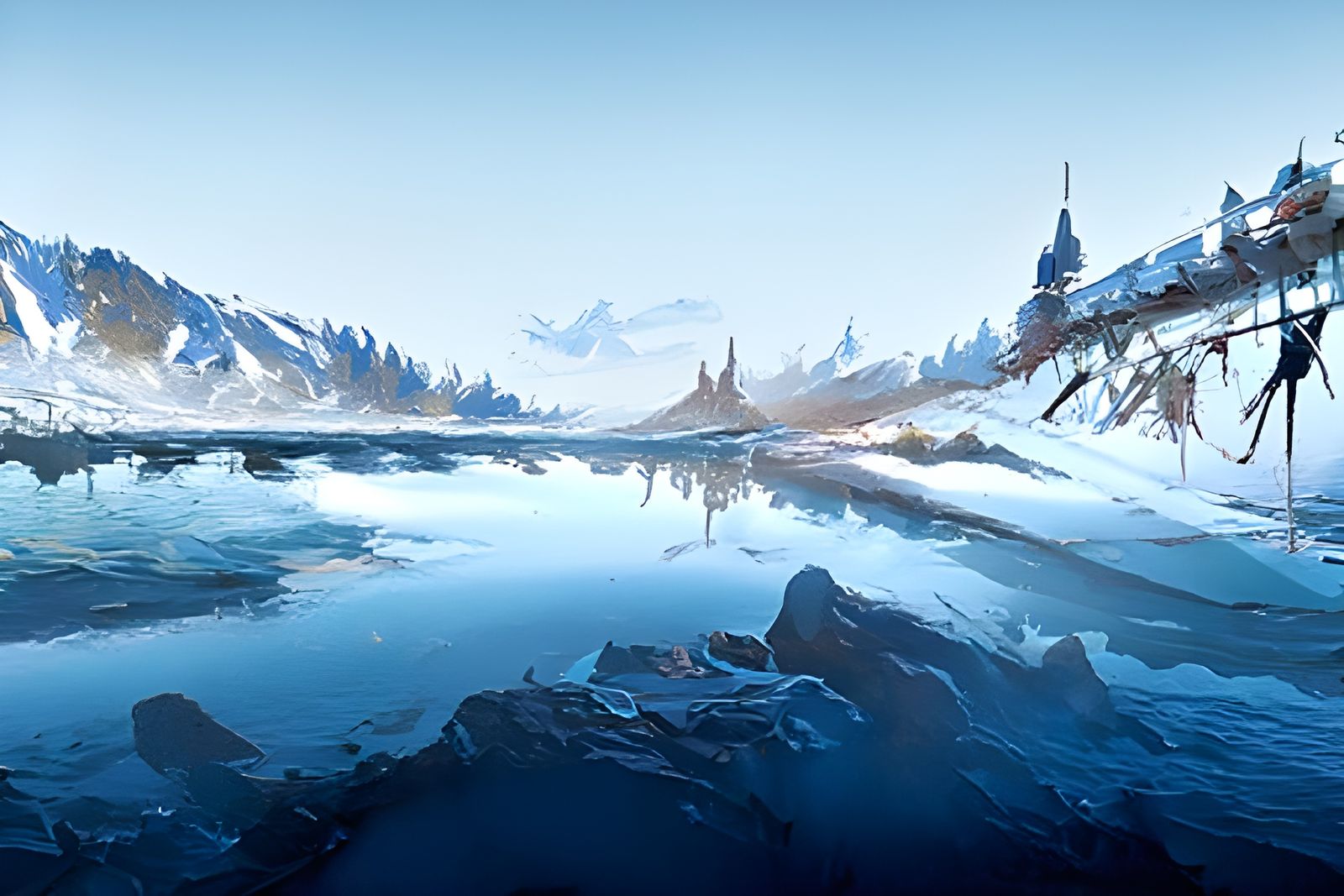 Icy Lake Landscape Painting in Romanticism Style