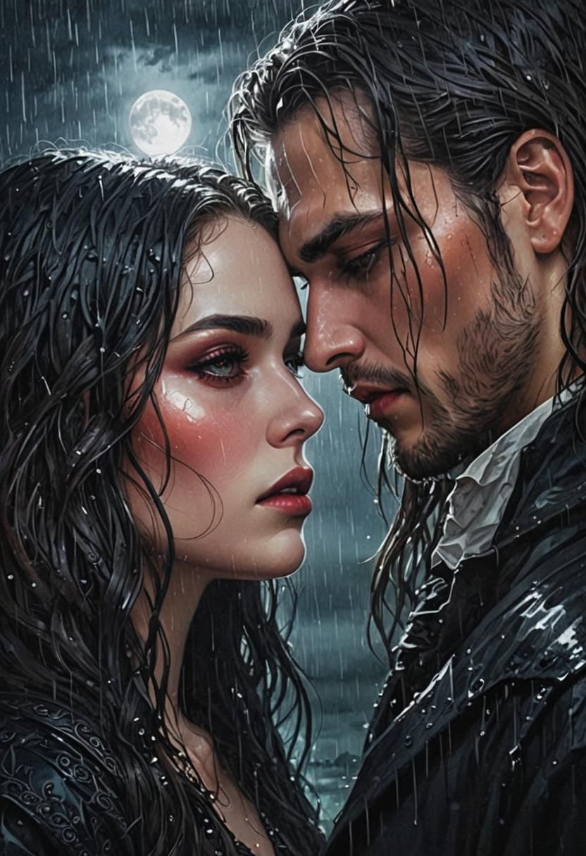 Dramatic Gothic Lovers in Moonlight, Digital Illustration