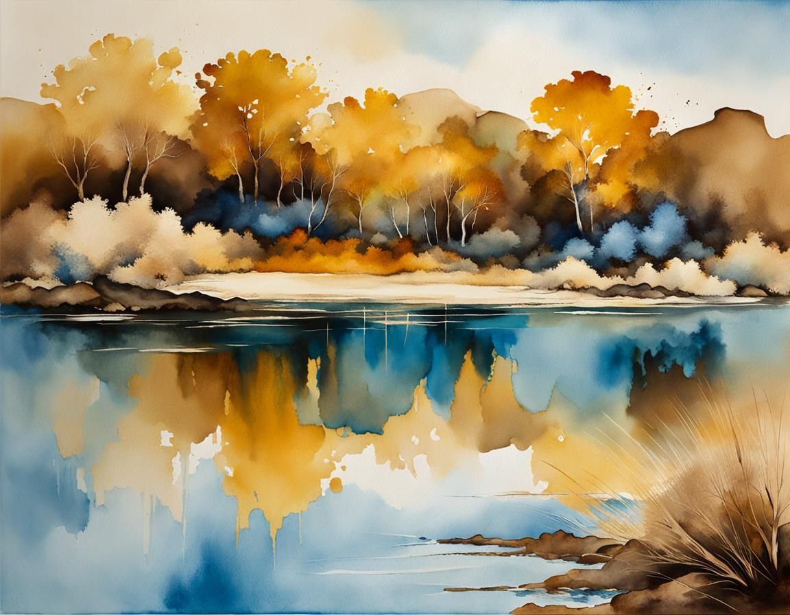 Abstract Lake with Rocks in Watercolor Style