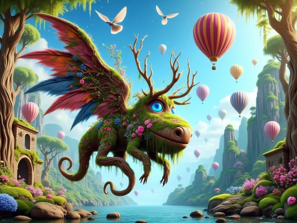 Enchanted Flying Car Over Seascape with Balloons