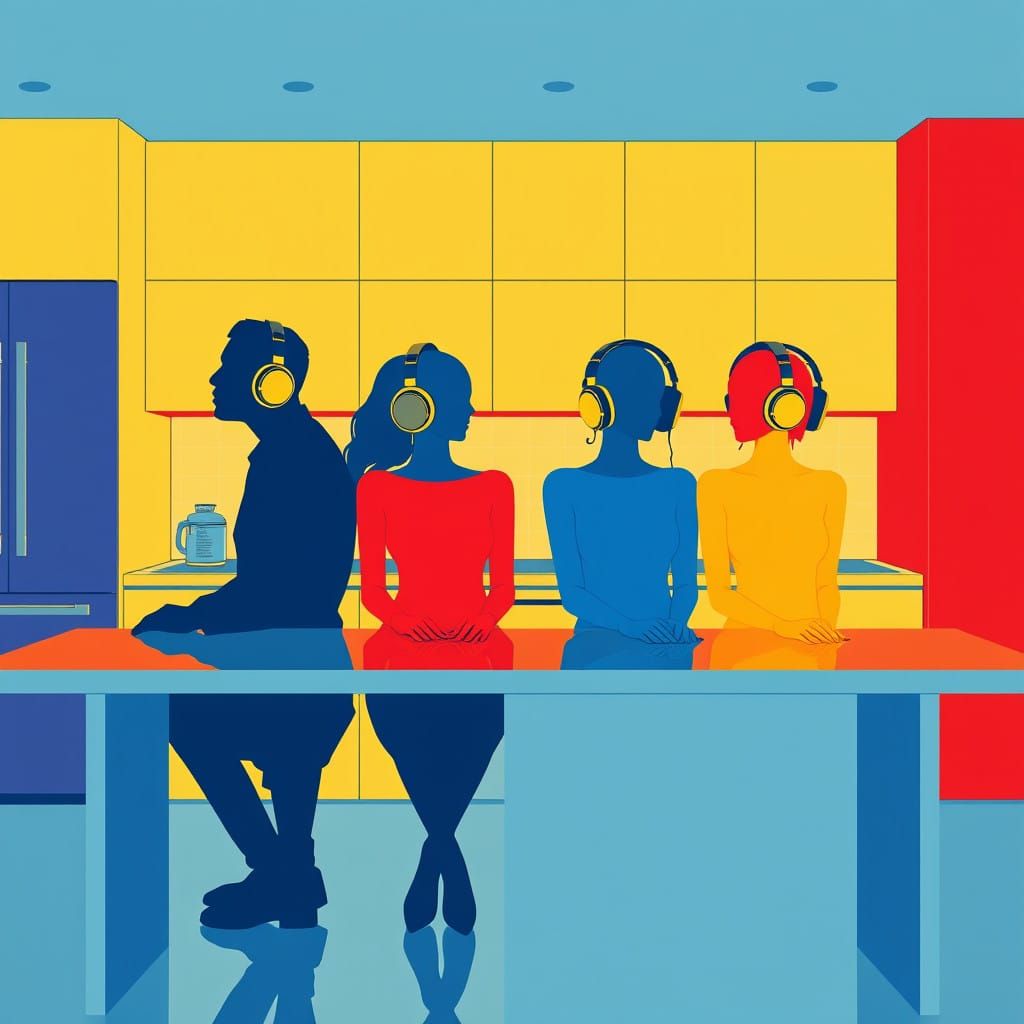 Group of Androgynous Figures in Oversized Headphones atop a...