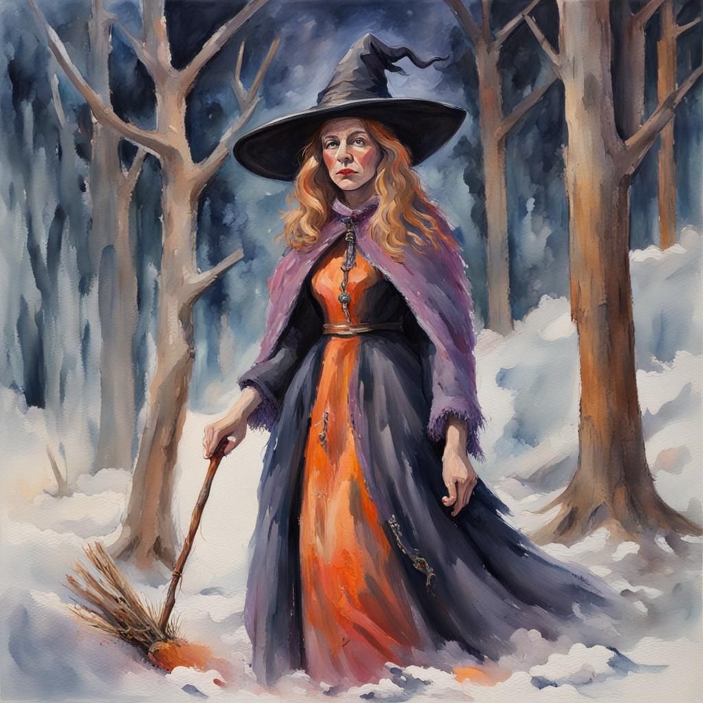 Midwinter Witch in Gouache Impressionist Style