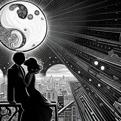 Yin and Yang Couple Kissing in Moonlit City