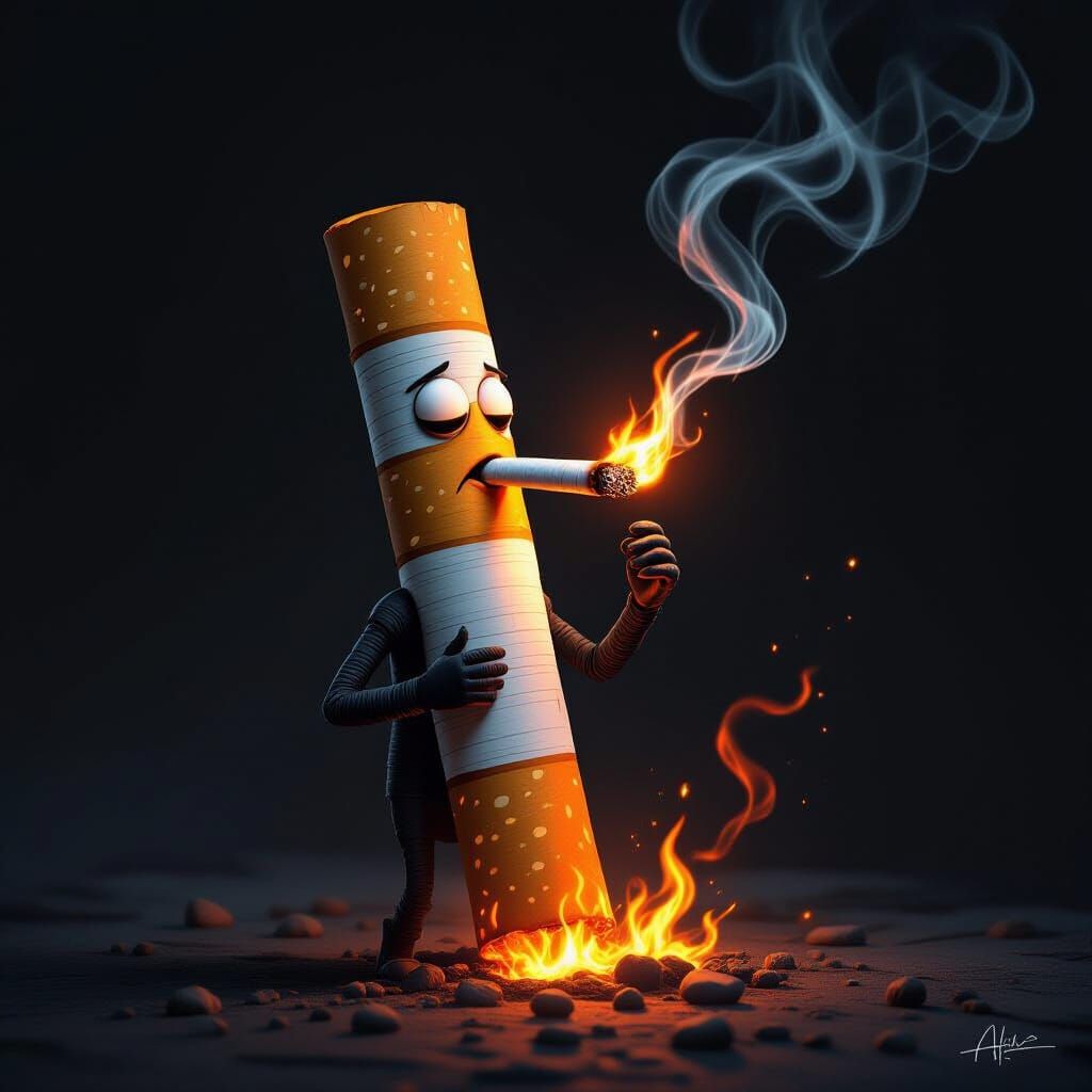 Anthropomorphic Cigarette Smoking Fiery Cigarette in Dark Fa...