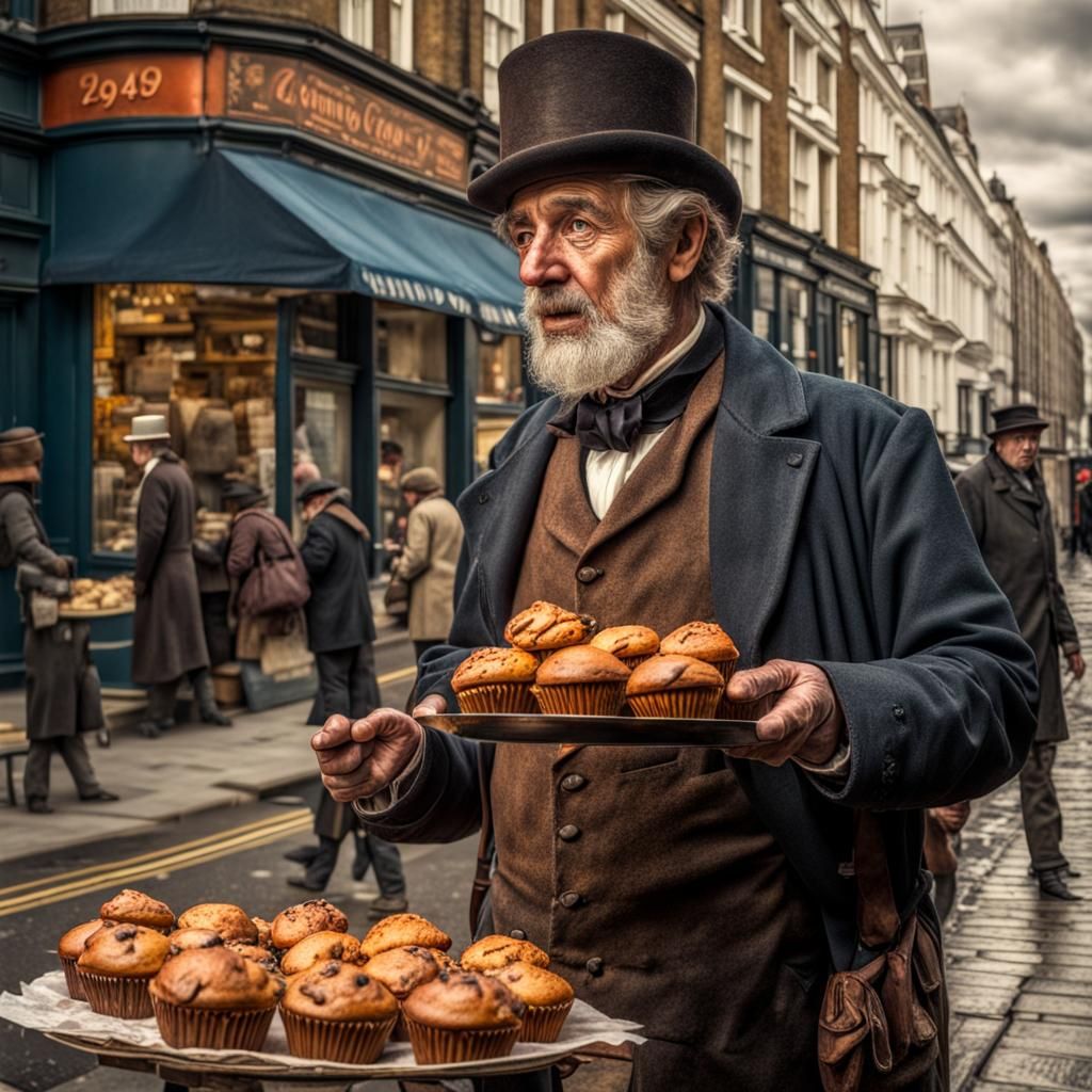 Victorian London Muffin Seller: Hyperrealistic Street Scene