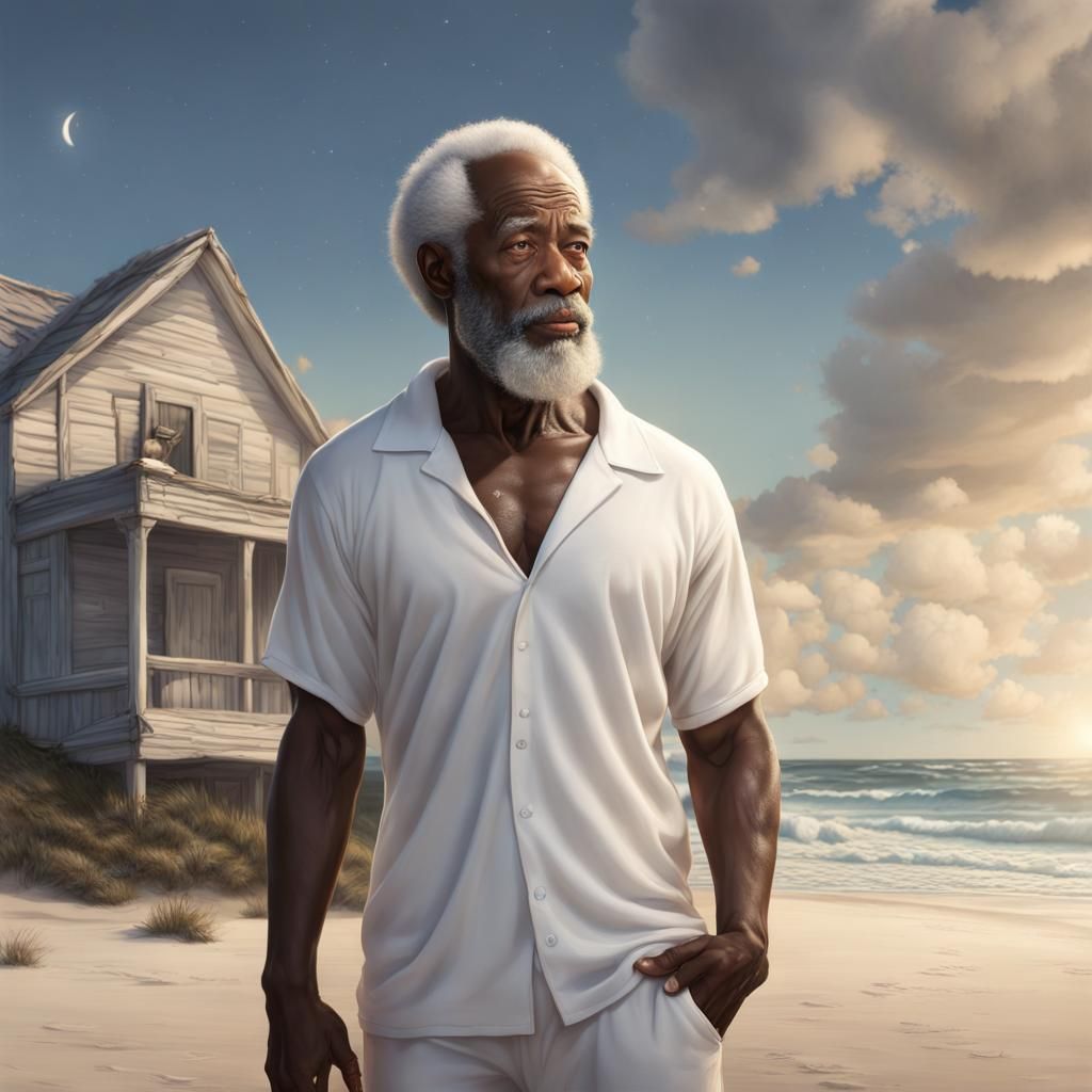 Hyperrealistic Old Man Stares at Stormy Ocean