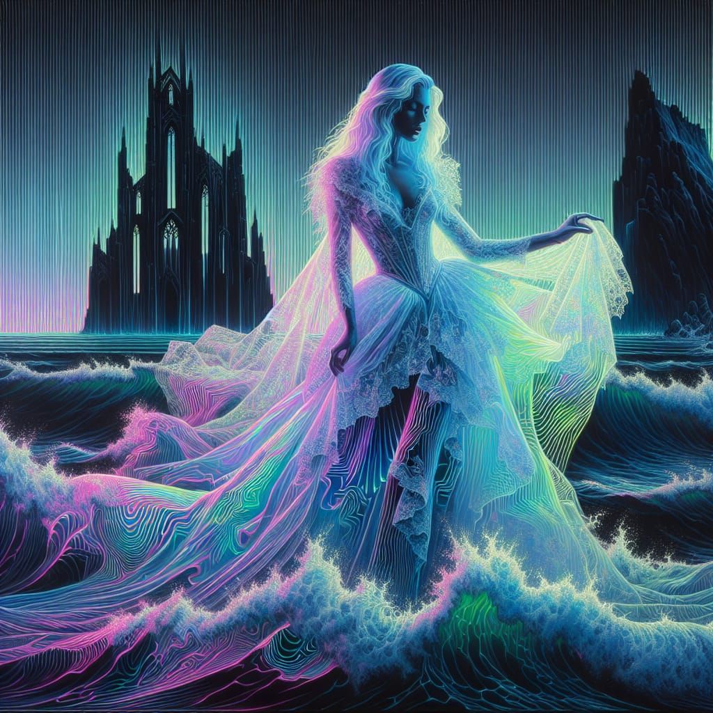 Gothic Vaporwave Ghost amidst Ocean Waves