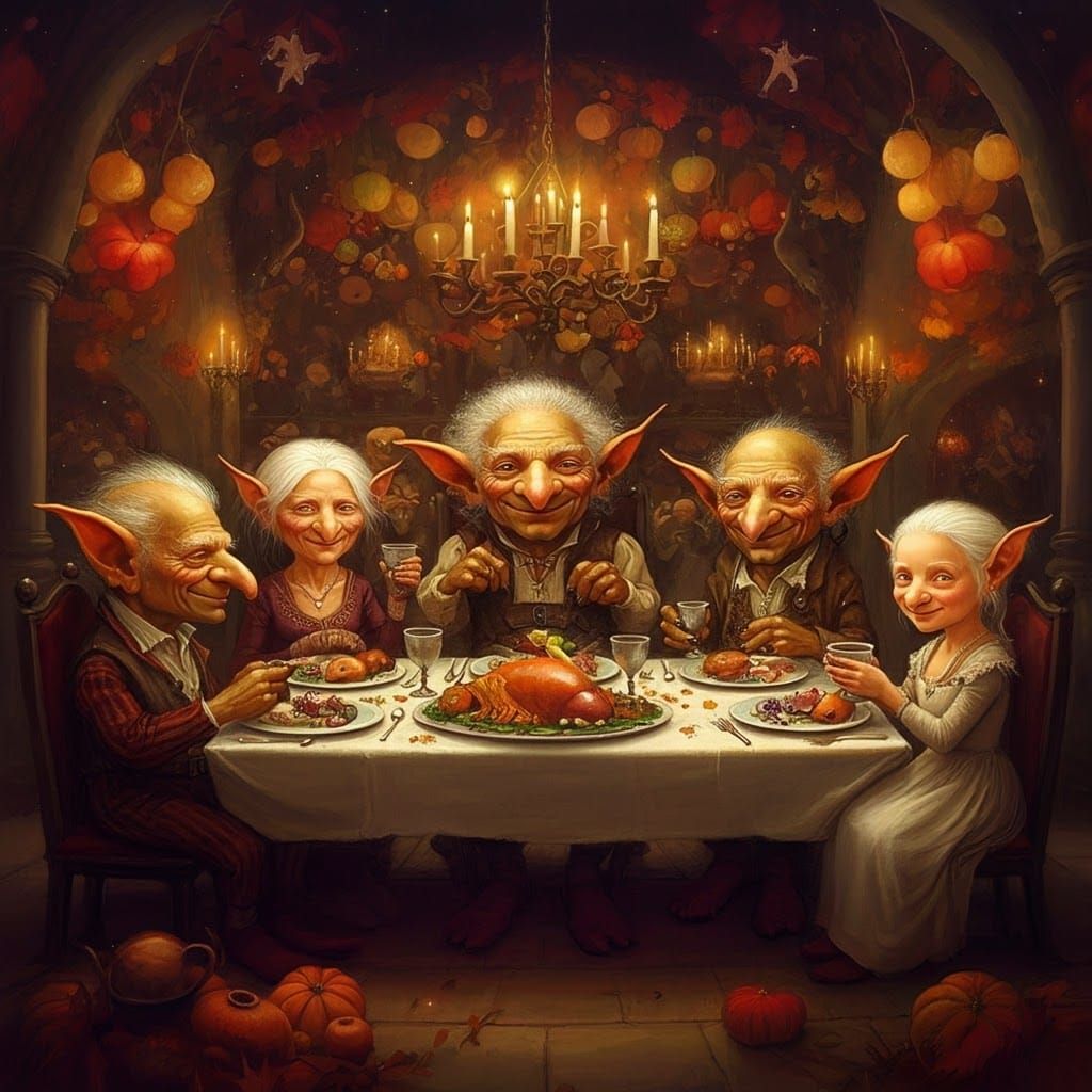 Goblin Family Thanksgiving Feast: A Cozy Fantasy Painting