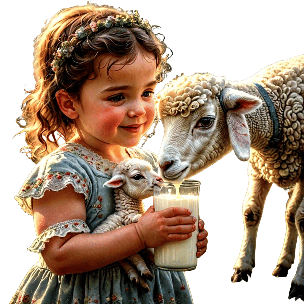 Baby Girl Feeds Lamb: Hyperrealistic Fantasy