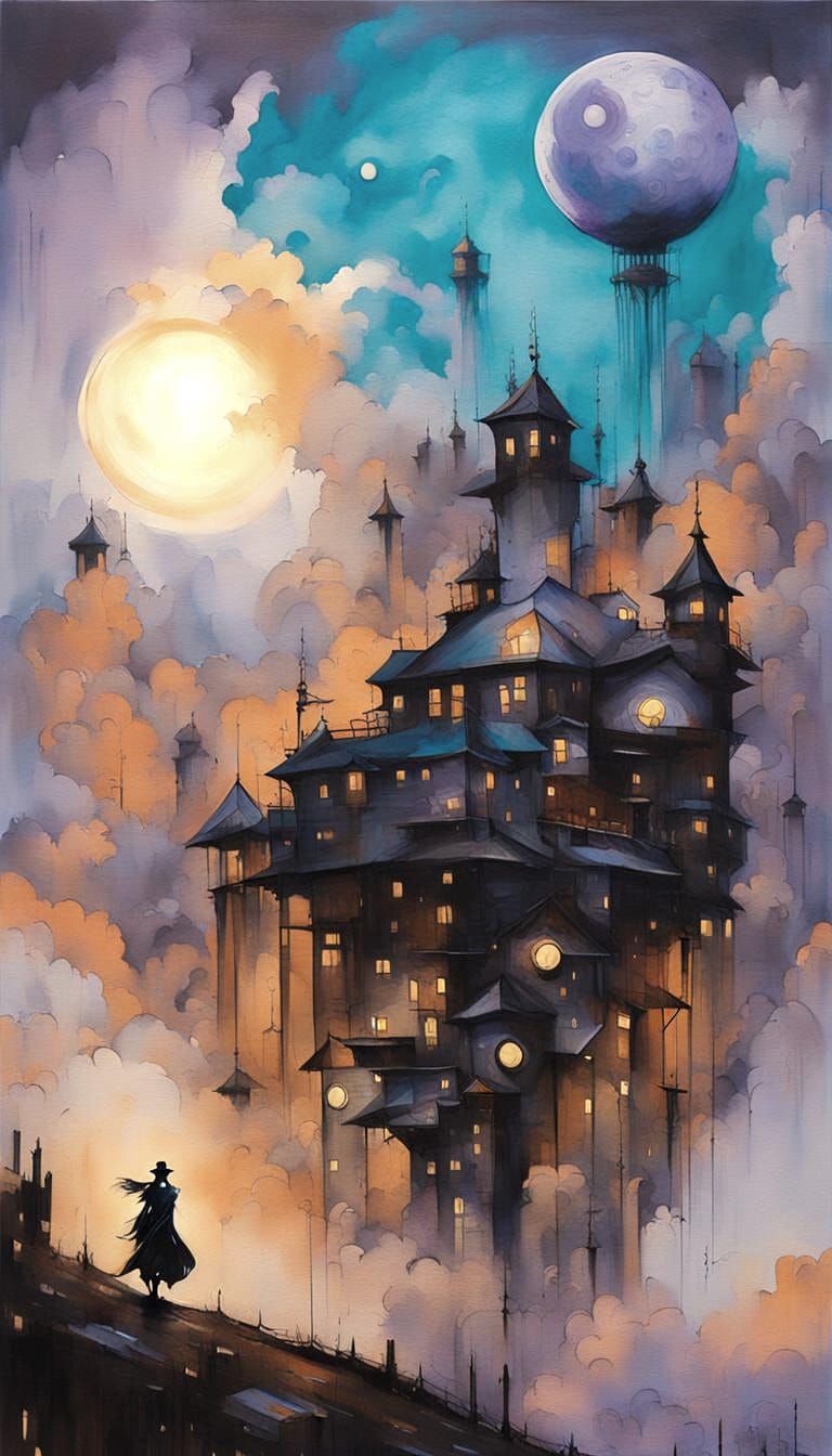 Sci-Fi Steampunk Building Under Full Moon