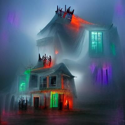 Eerie Haunted House in Dense Fog