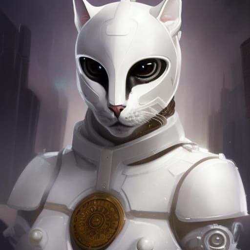 Cyberpunk Cat Soldier in Shining White Armor