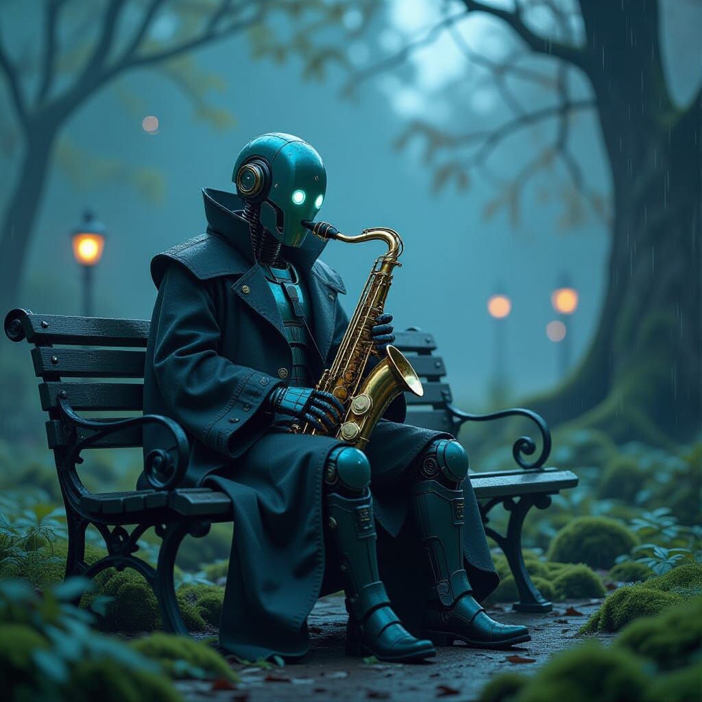 Robot Minstrel in Rain, Cyberpunk Meets Romanticism