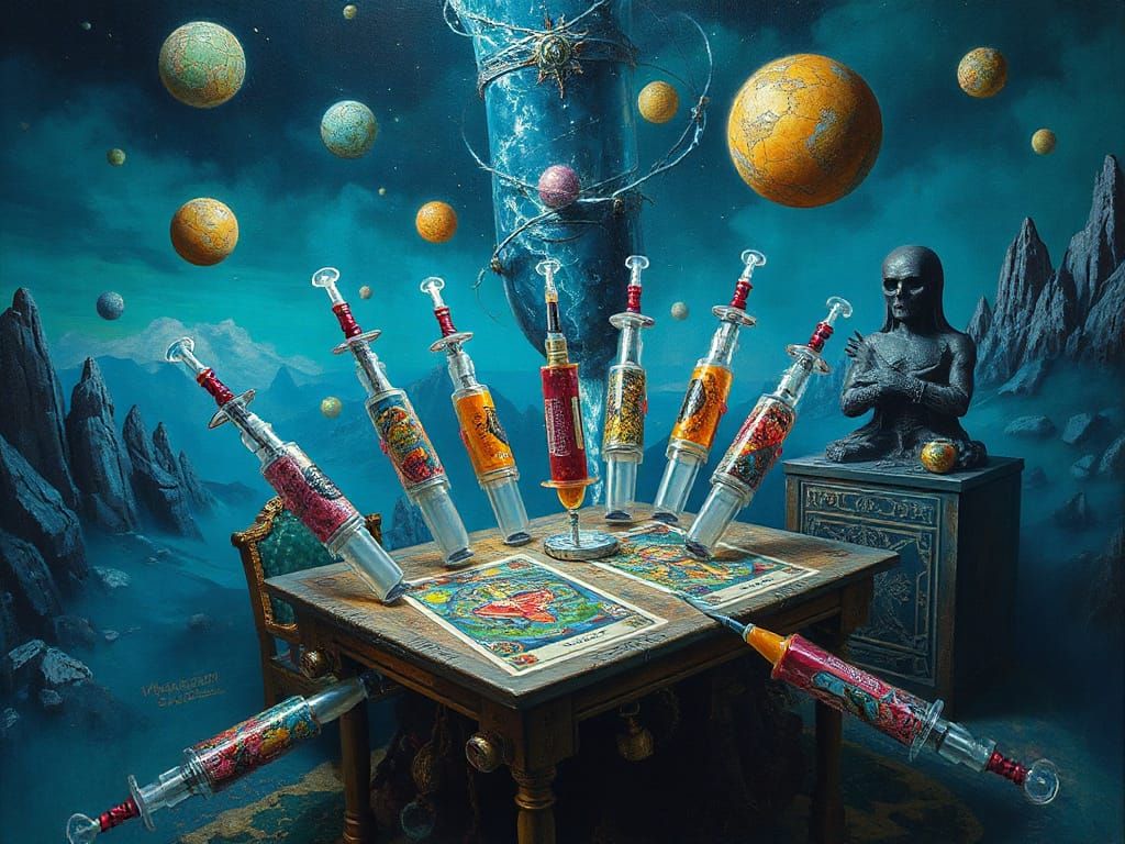 Surreal Tarot-Inspired Delivery System in Neon-Lit Dreamscap...