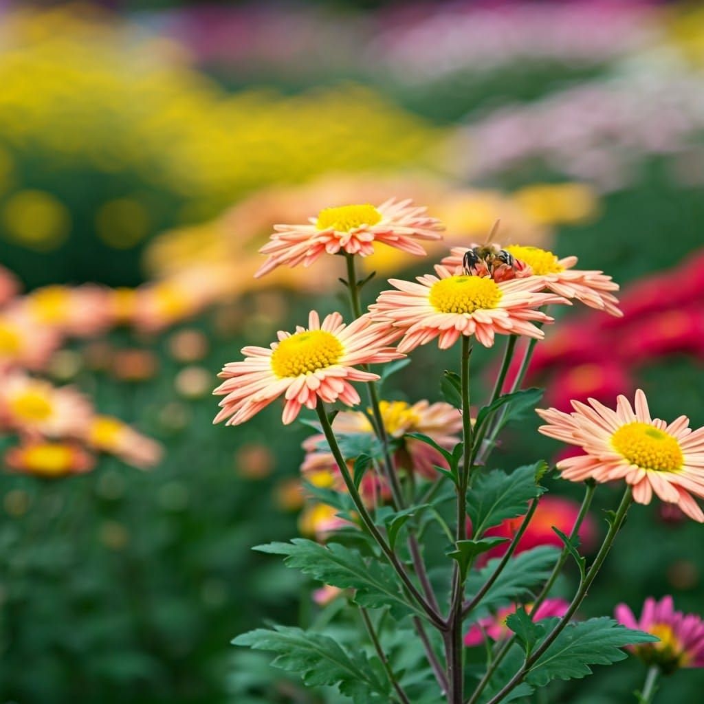 Chrysanthemum Garden with Bees in Natural Light