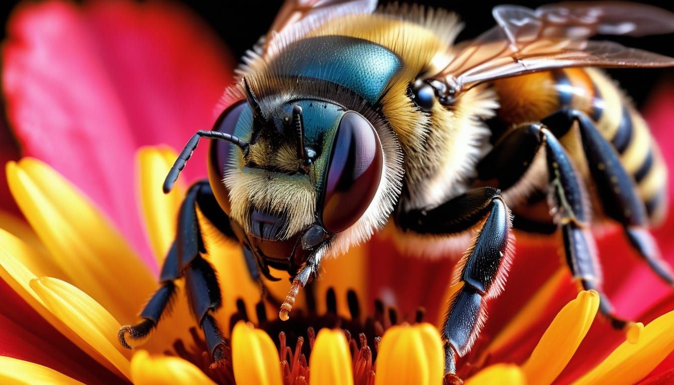 Hyper Realistic Bee Macro Photography on a Vibrant Red Flowe...