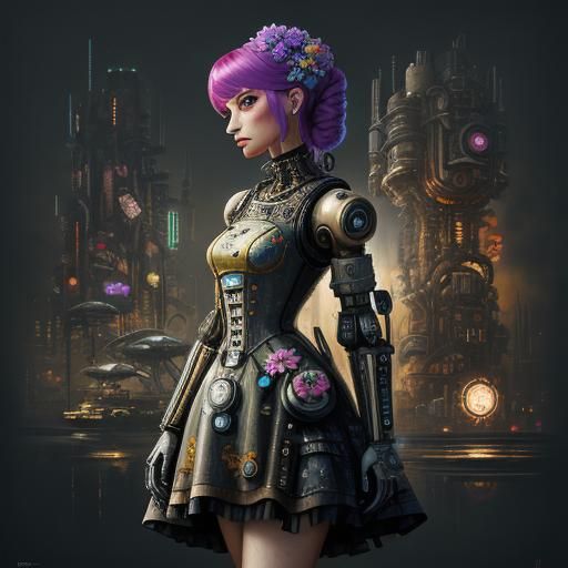 Robot in Steampunk Surrealism Dress, Oil on Canvas