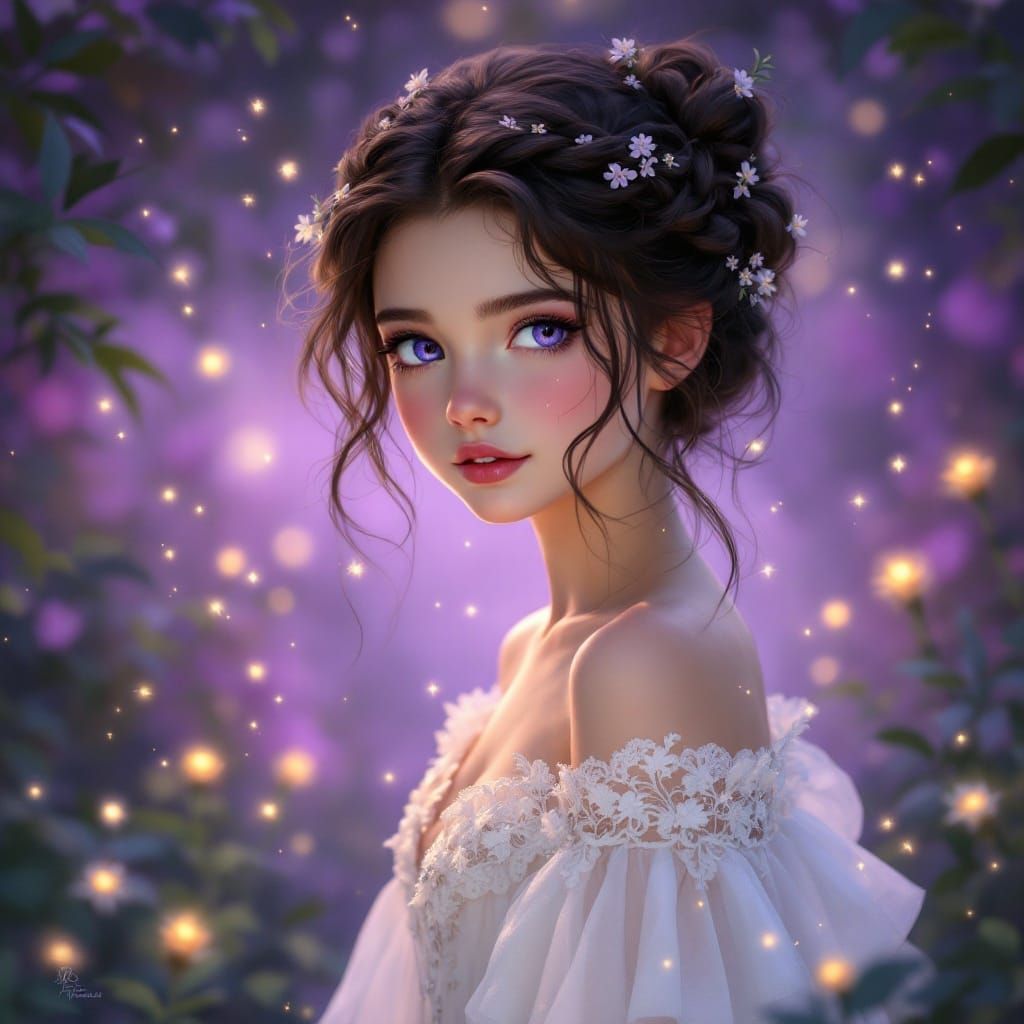 Whimsical Fairy Forest Girl in Enchanted Purple Hues