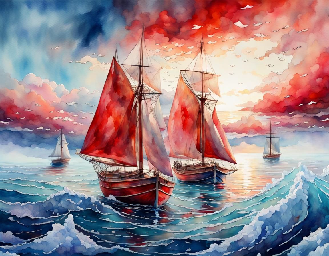 Detailed Watercolor of Red Sailing Boats at Night