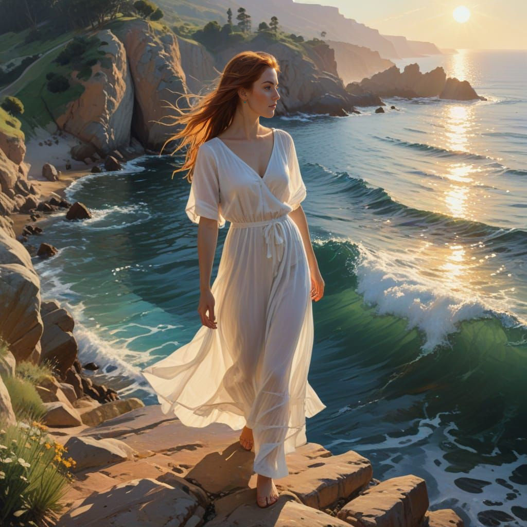 Woman on Cliff Overlooking Mediterranean Sea at Sunset