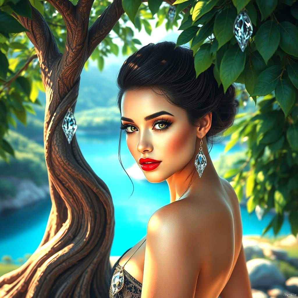 Ethereal Beauty: Crystal Goddess Amidst a Vibrant Lake