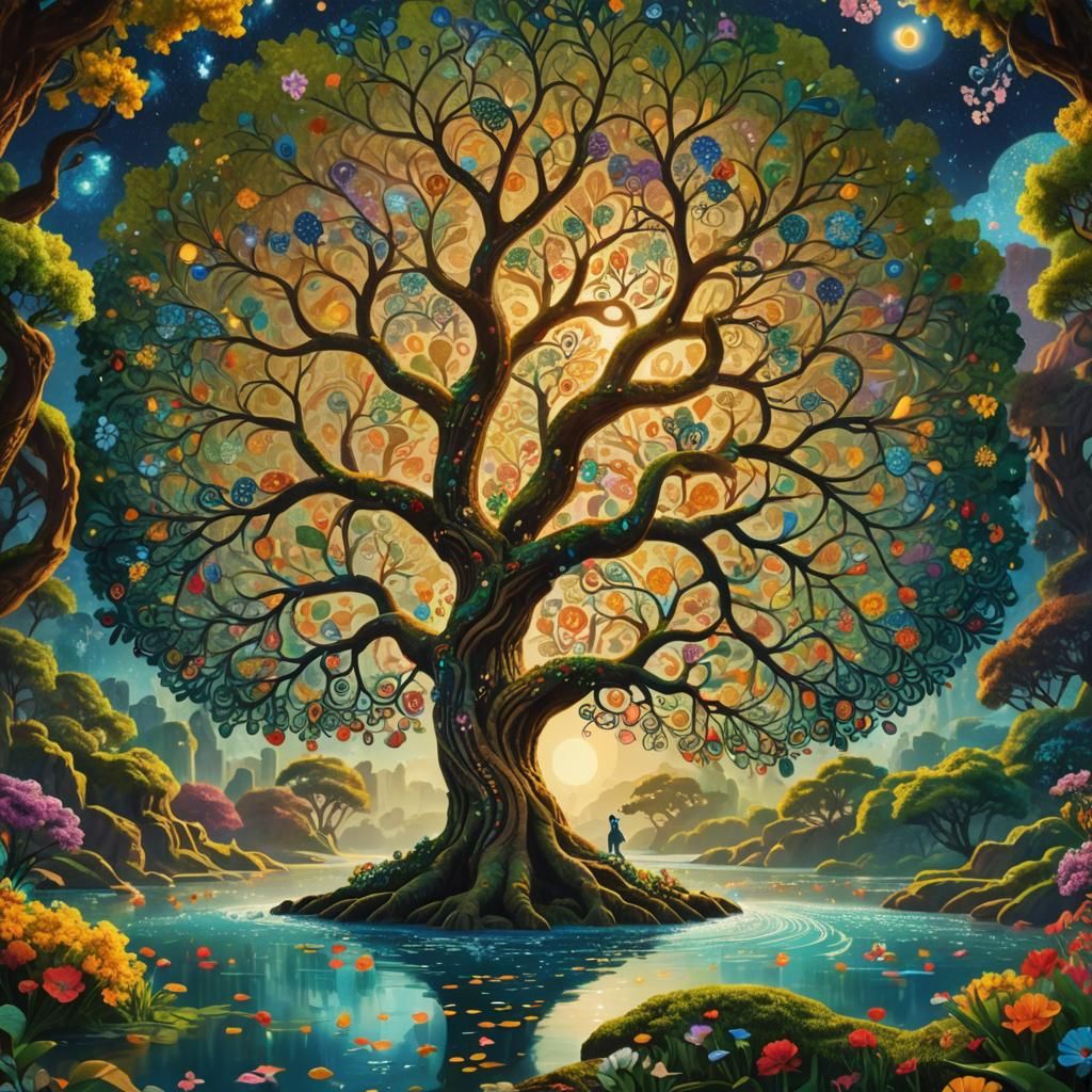Vibrant Tree of Life in Paradise, Puntillismo Style