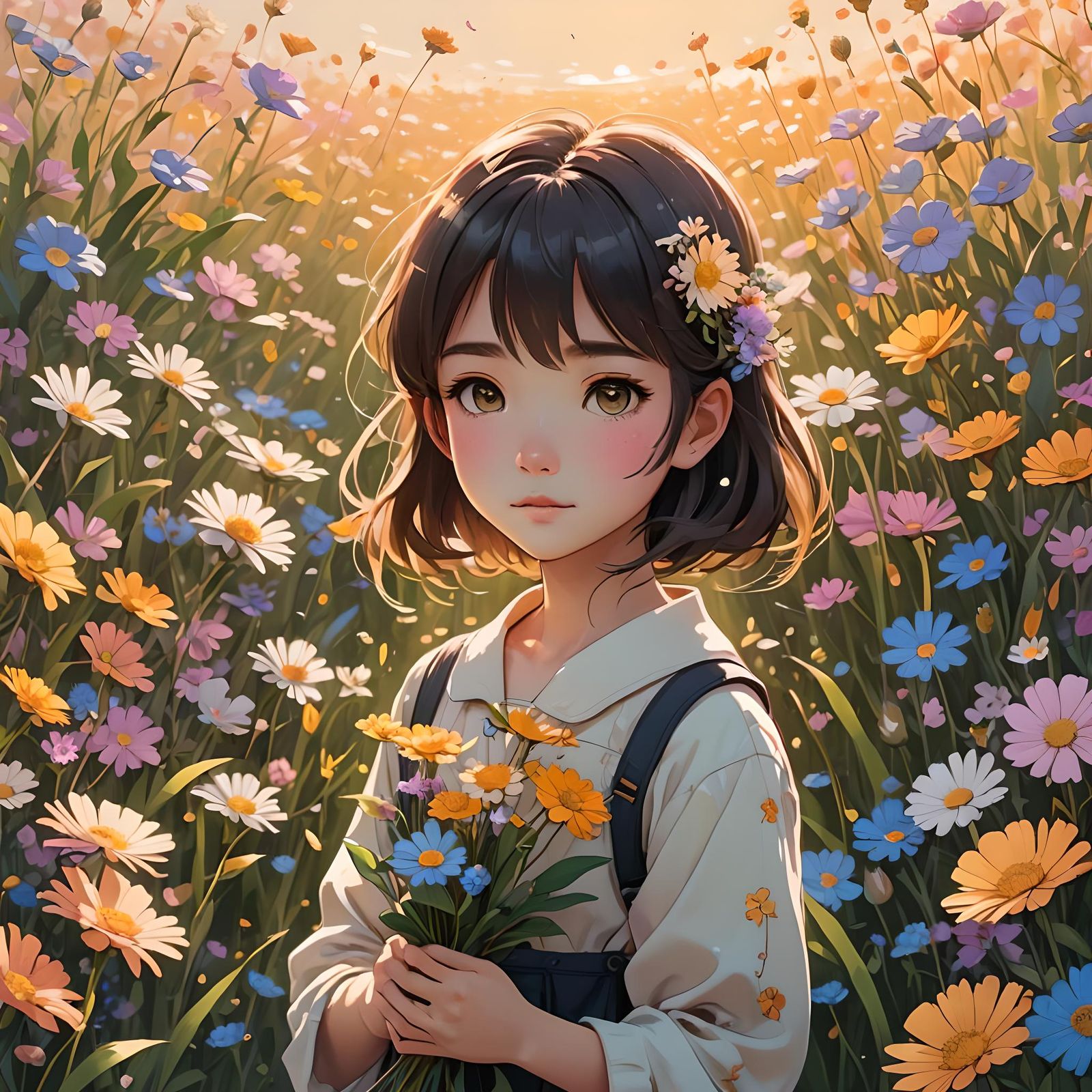 Anime Girl with Flower: Colorful Fantasy Art