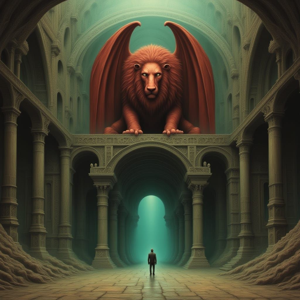 Red Lion Gargoyle on Ancient Stone Passage