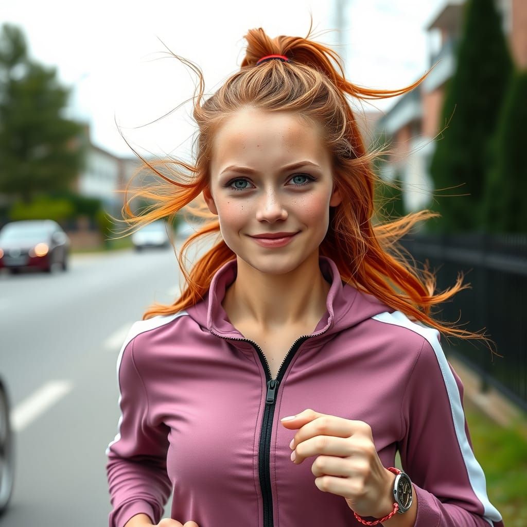 Joyful Jogger with Green Eyes and Red Hair in Suburban Stree...