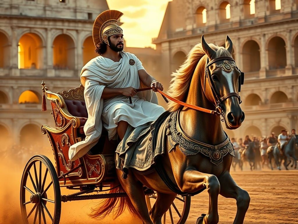Ancient Roman Chariot Racer in Ornate Open Chariot