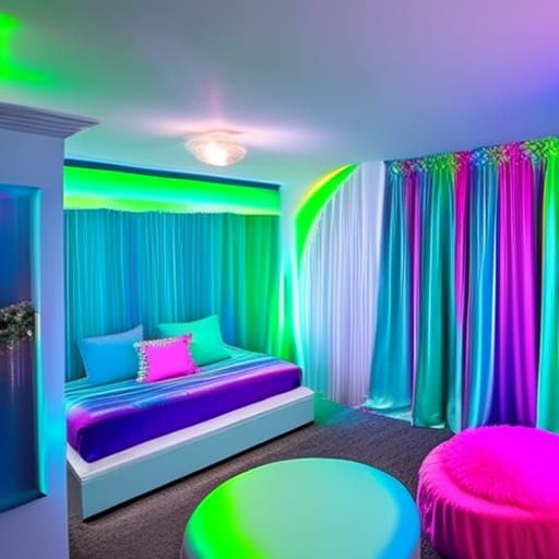 Iridescent Mermaid bedroom with iridescent blue walls with iridescent green accents& iridescent purple accents& sliver w...