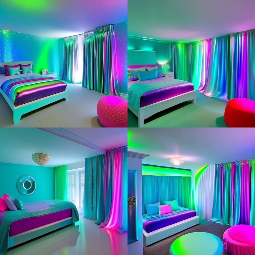 Iridescent Mermaid bedroom with iridescent blue walls with iridescent green accents& iridescent purple accents& sliver w...