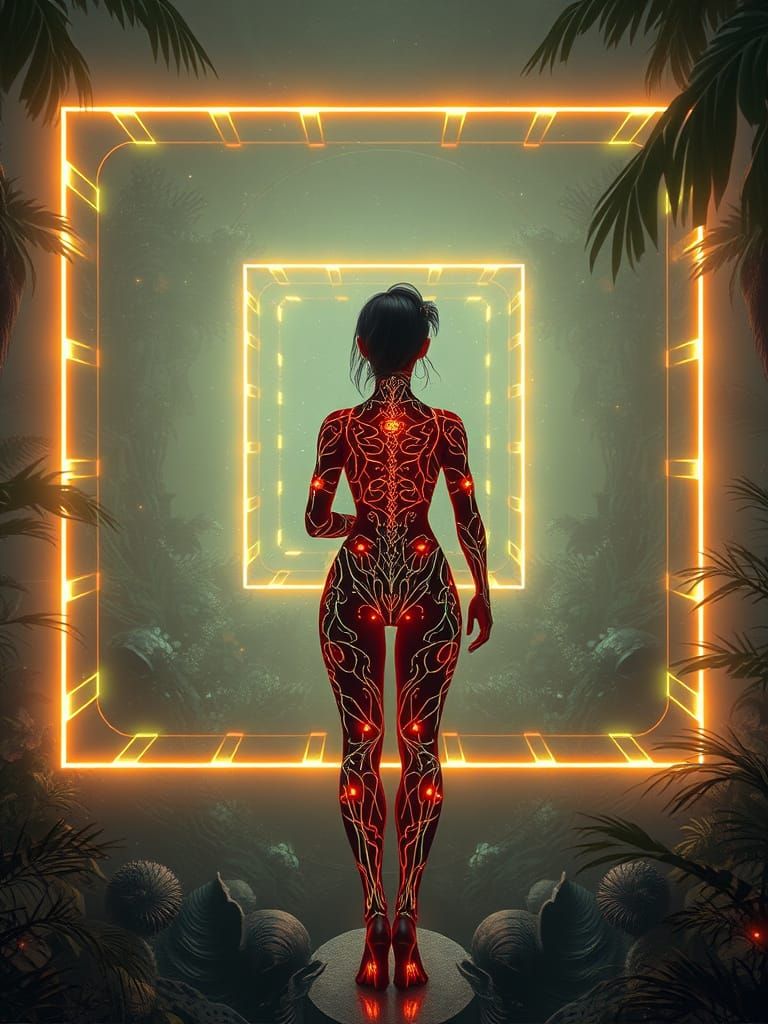Cyberpunk Goddess Illuminates Luminous Jungle Square