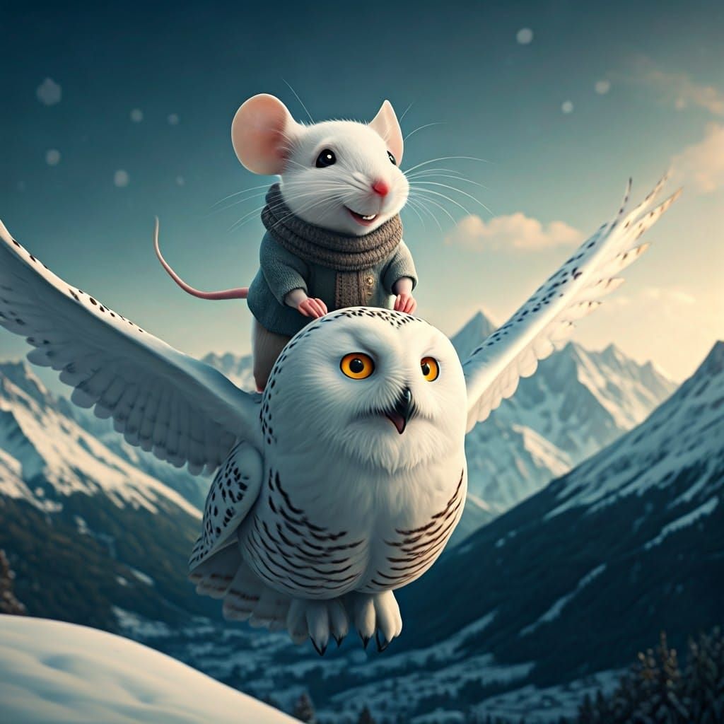 Mouse Rides Owl Through Snowy Alps