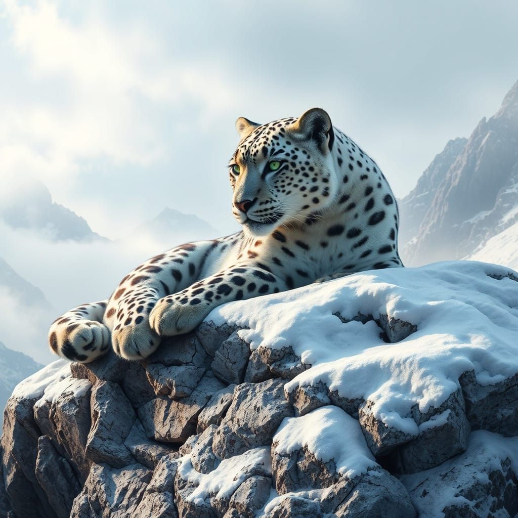 Majestic Snow Leopard on Rocky Outcrop in Fantasy Landscape