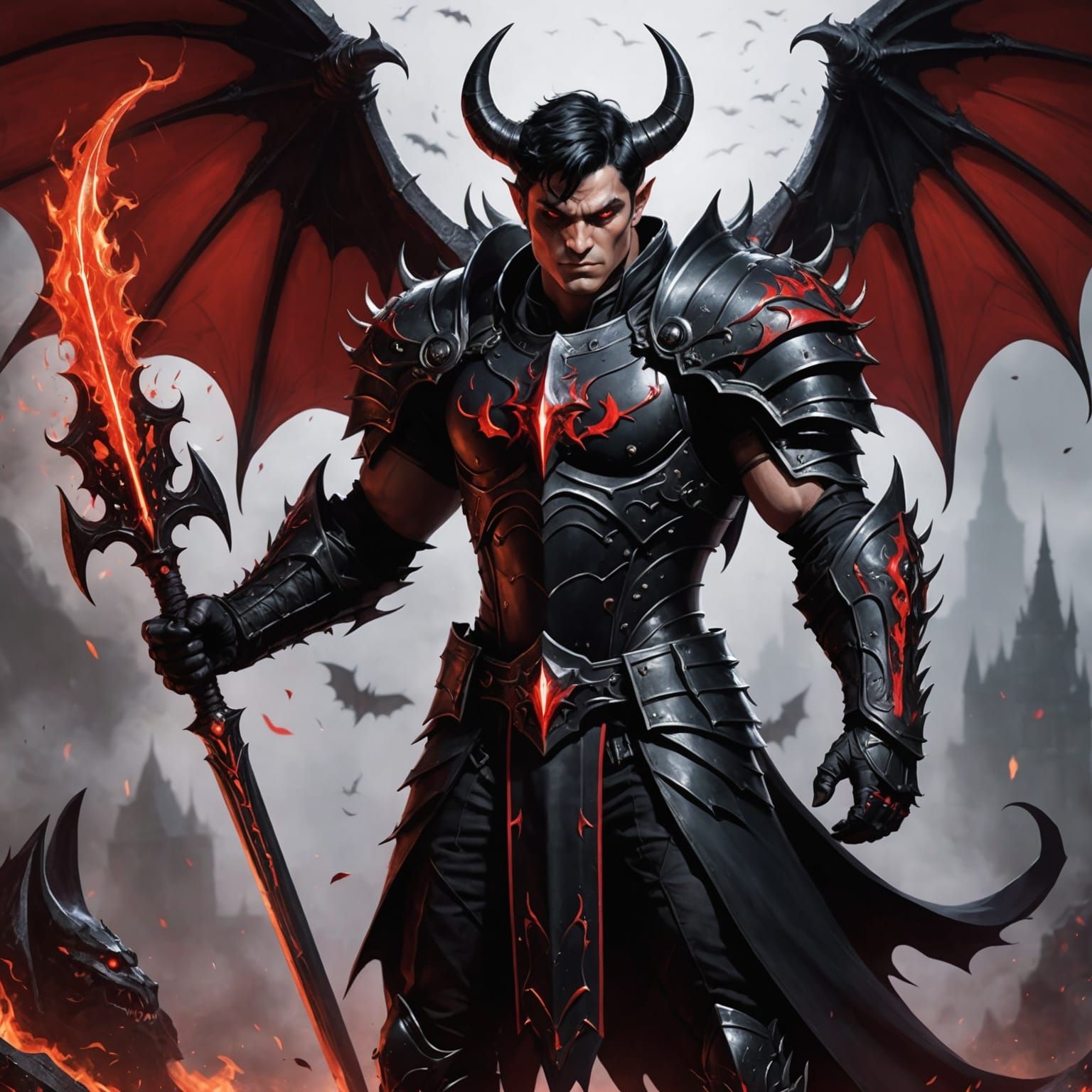 Half-Demon Warrior with Flaming Sword, Anime Style