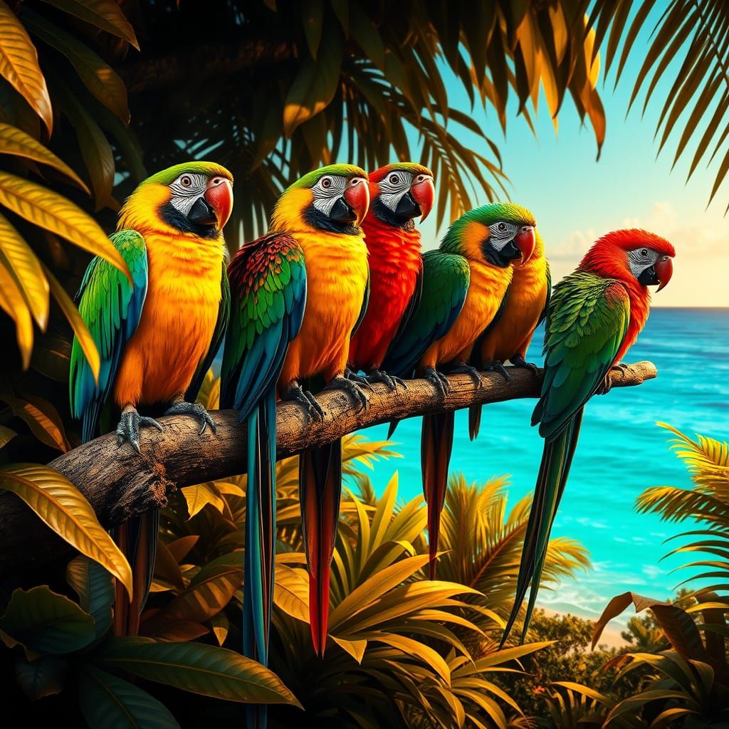 Vibrant Tropical Jungle Scene with Exotic Parrots