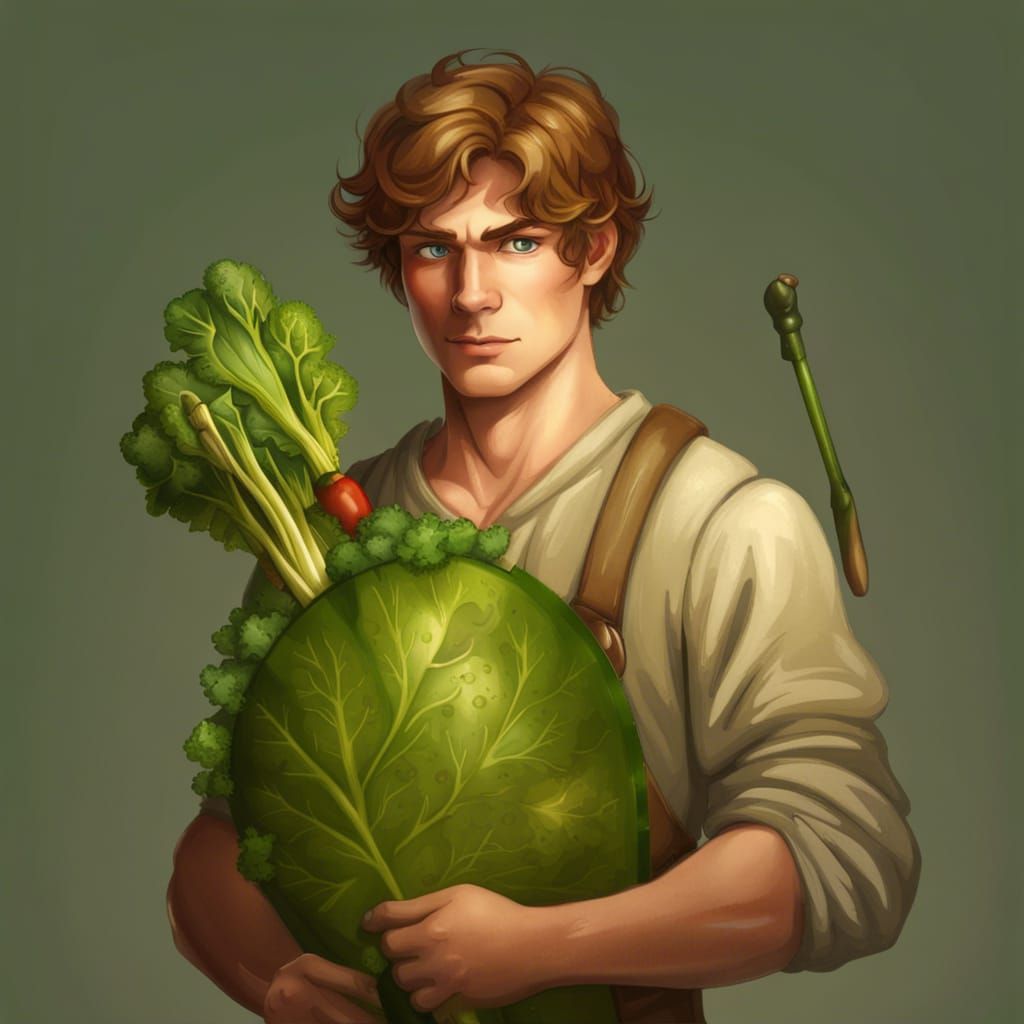 Man with Farm Tools and Vegetable Shield