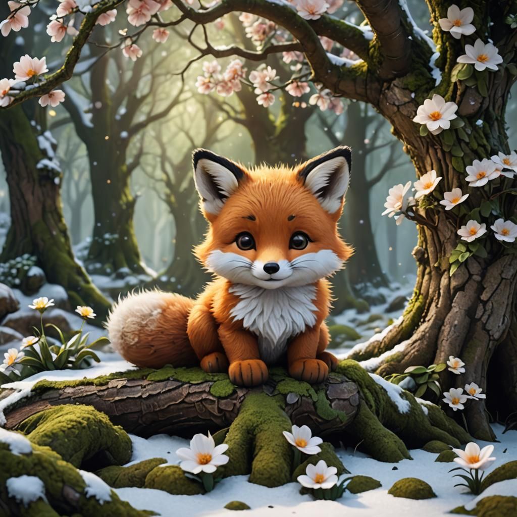 Adorable Chibi Fox Kit Under Snowy Tree