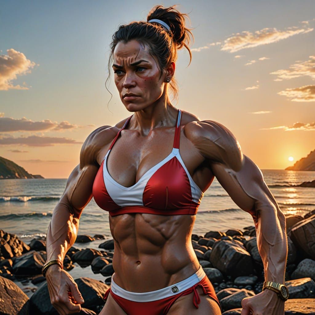 Strong Female Popeye in Stunning Red Bikini at Sunset