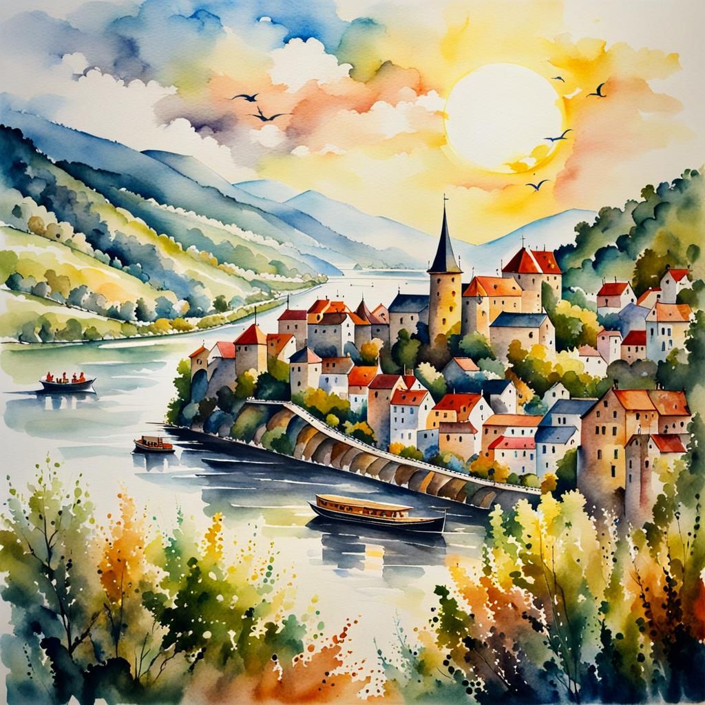 Picturesque Rhine River Valley in Watercolor Style