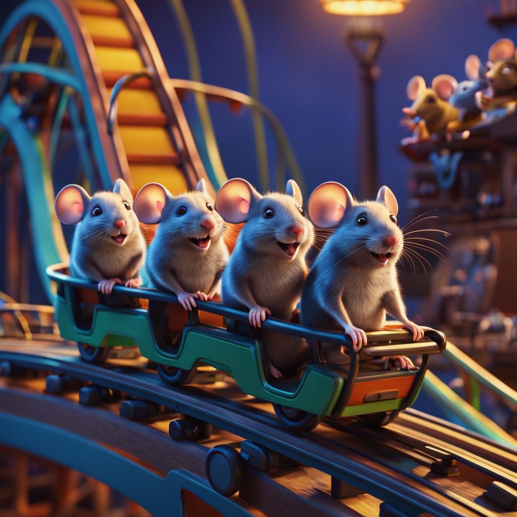 Mice Ride Rollercoaster: Pixar Style, Hyperrealistic